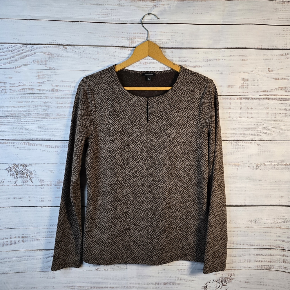 Talbots Brown Long Sleeve Round Neck Keyhole Geo Poly Blend Top Med